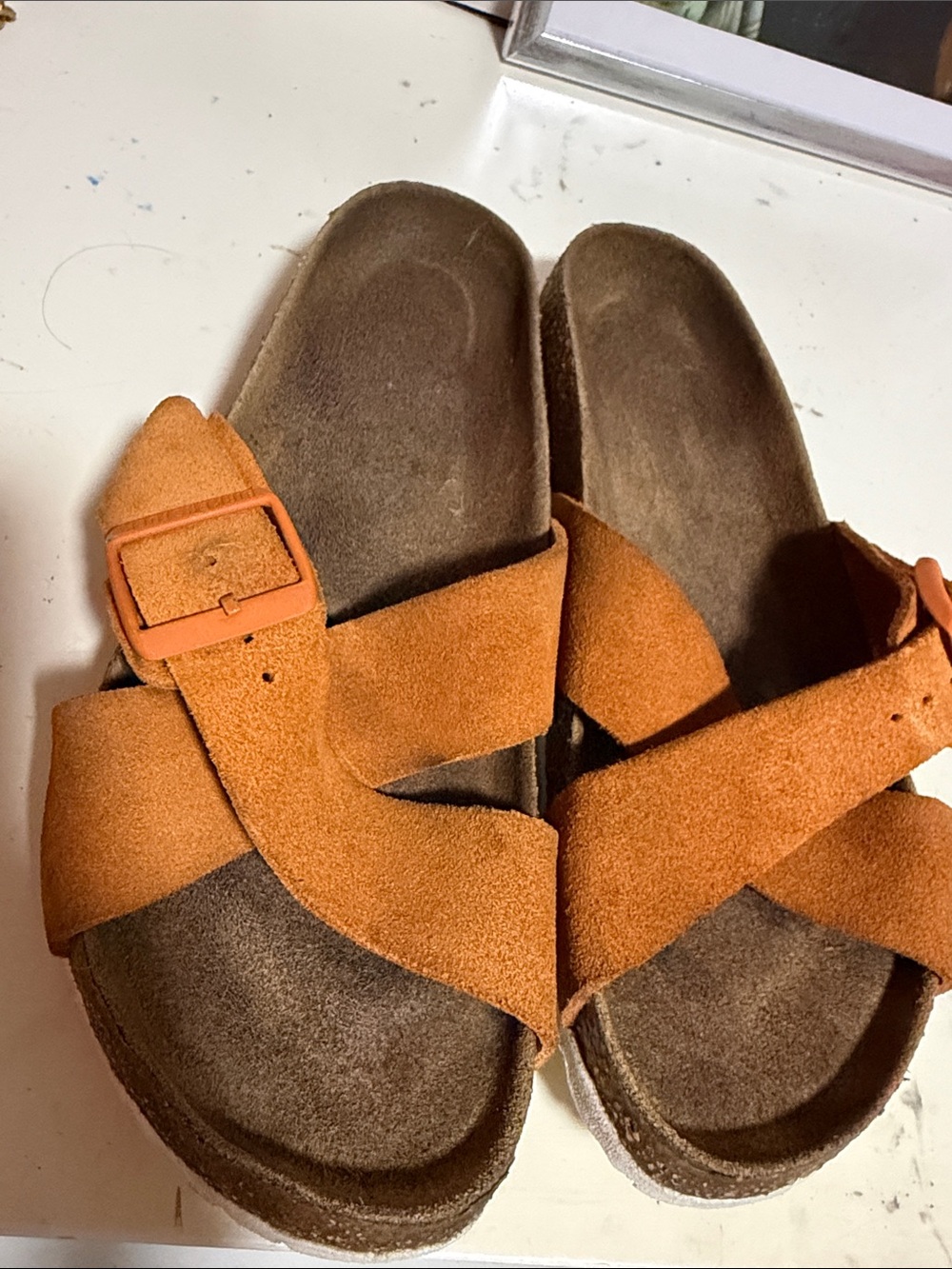 Birkenstock Orange Suede Crisscross Buckle Sandals